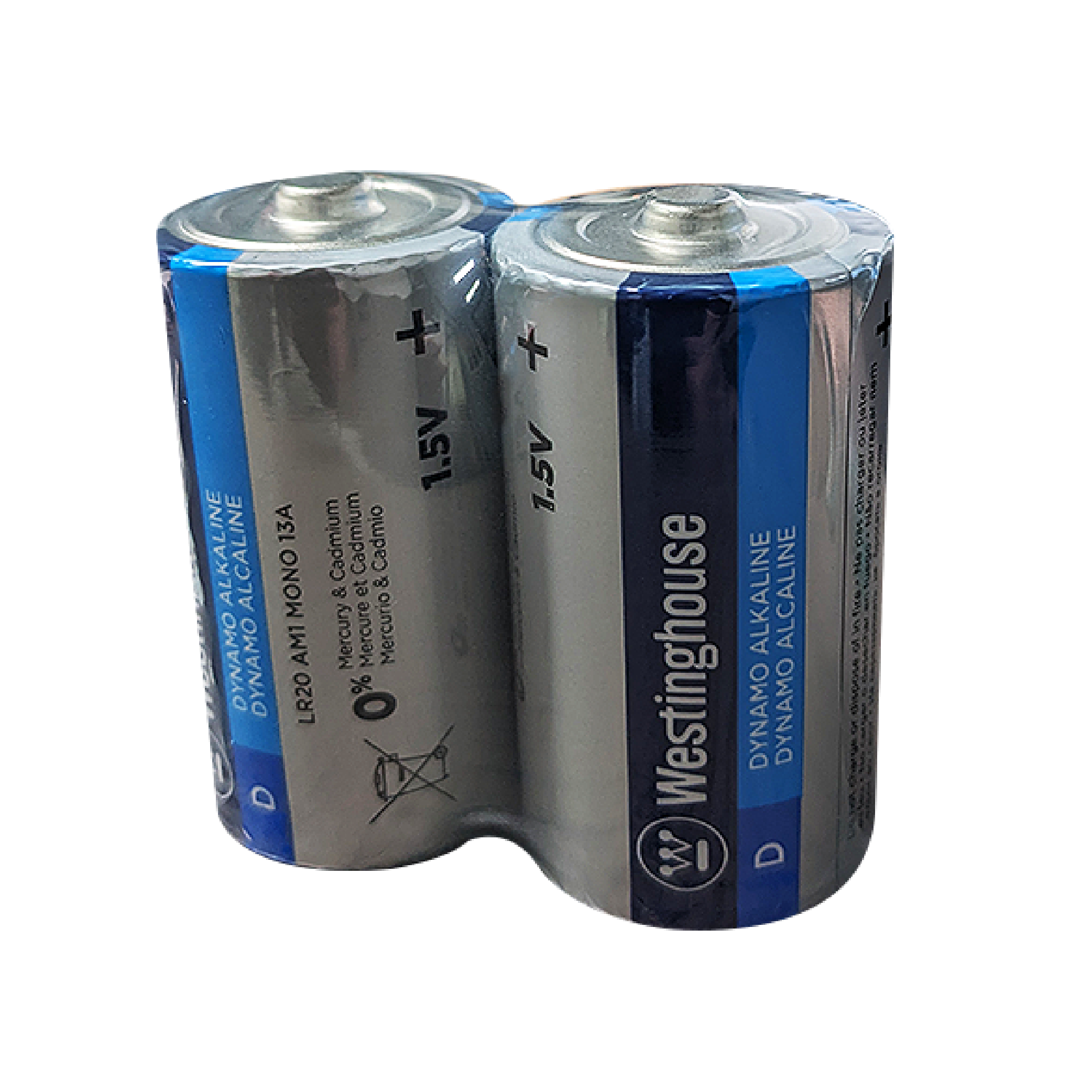 Westinghouse D Dynamo Alkaline batteries in a shrink pack of 2, designed for high drain devices.