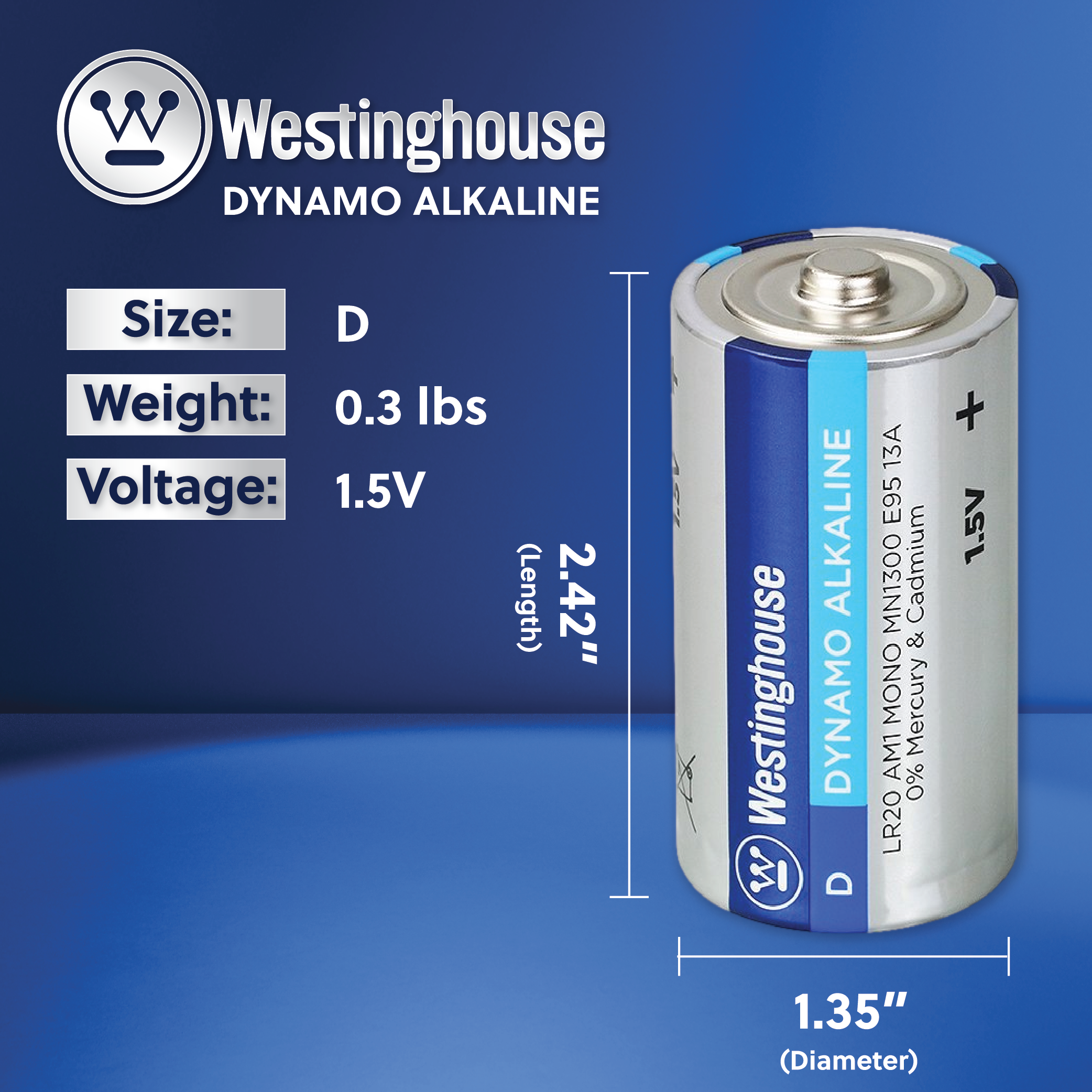 Westinghouse D Dynamo Alkaline batteries in a shrink pack of 2, designed for high drain devices.