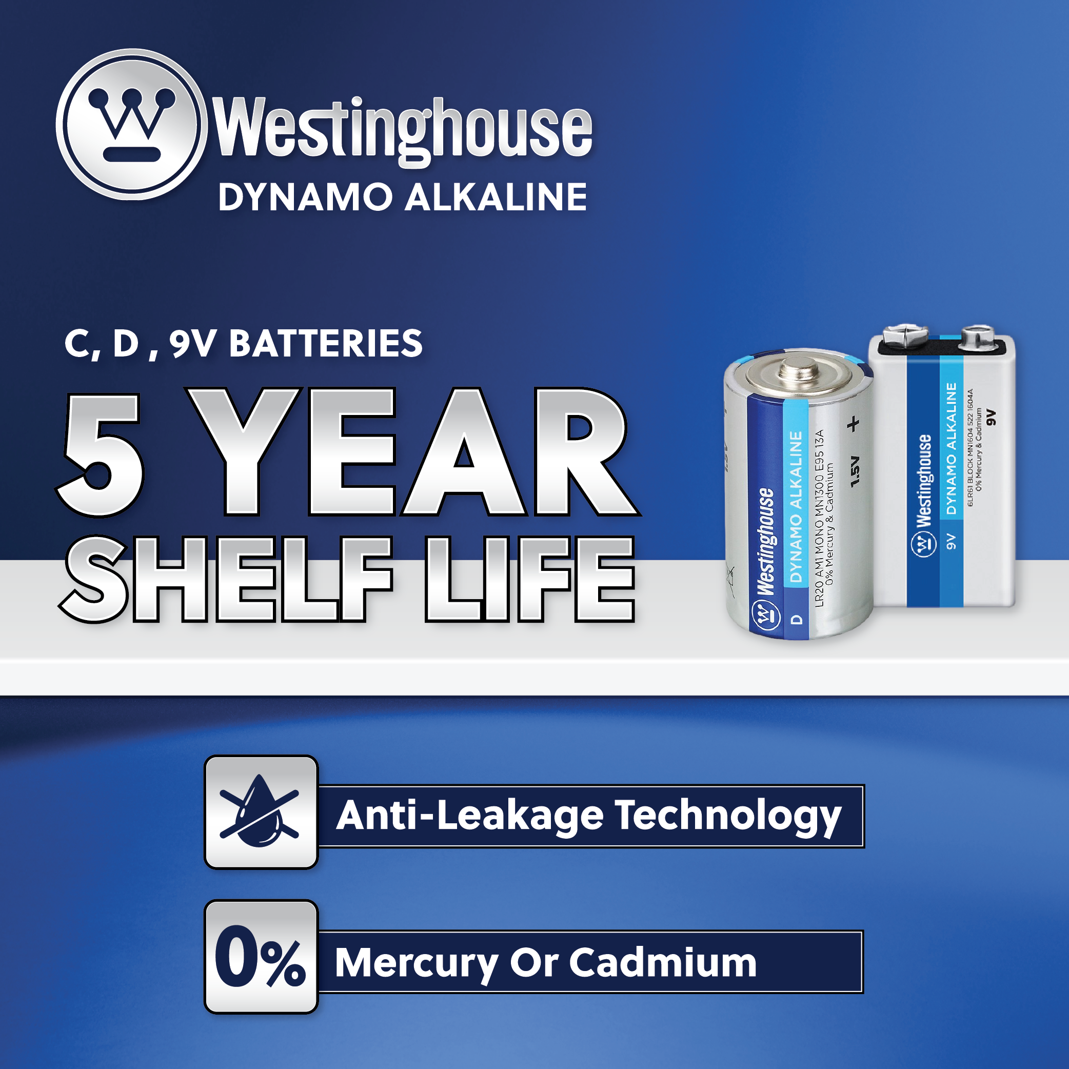 Westinghouse D Dynamo Alkaline batteries in a shrink pack of 2, designed for high drain devices.