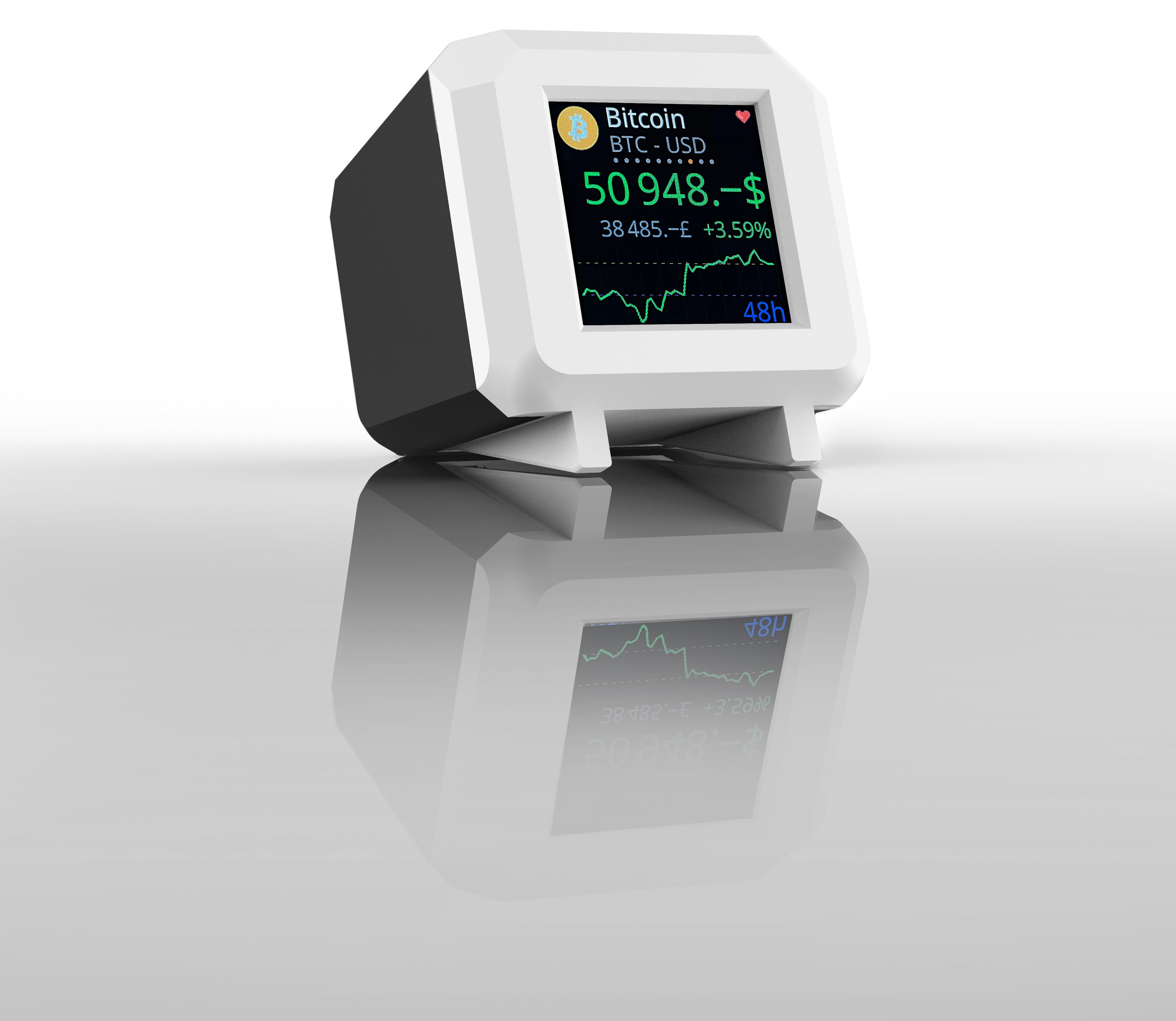 White and black Whale Crypto Ticker with LCD display showing cryptocurrency and fiat values.