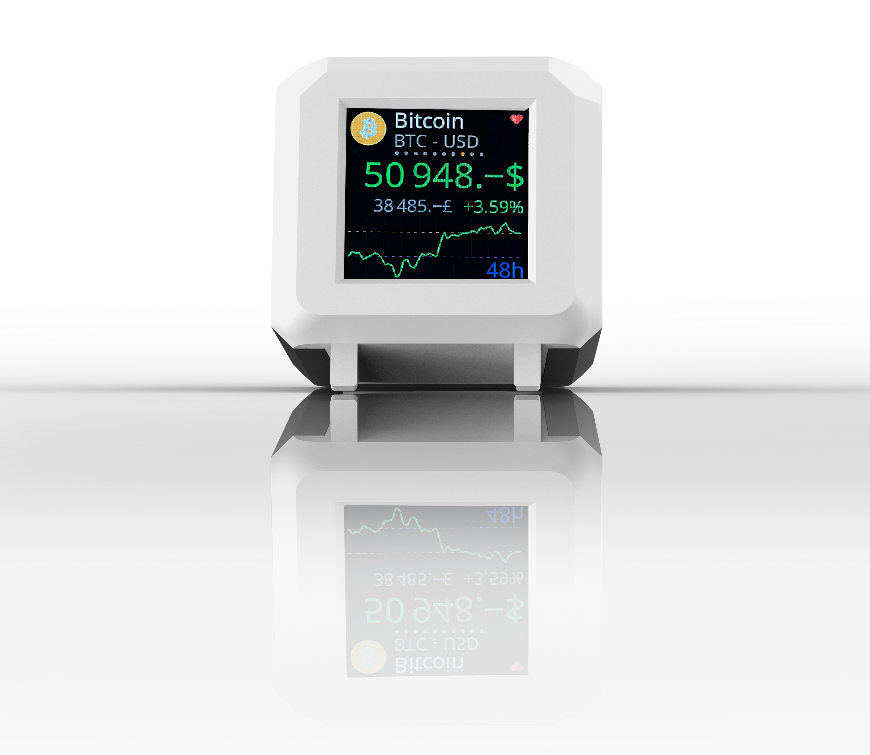 White and black Whale Crypto Ticker with LCD display showing cryptocurrency and fiat values.