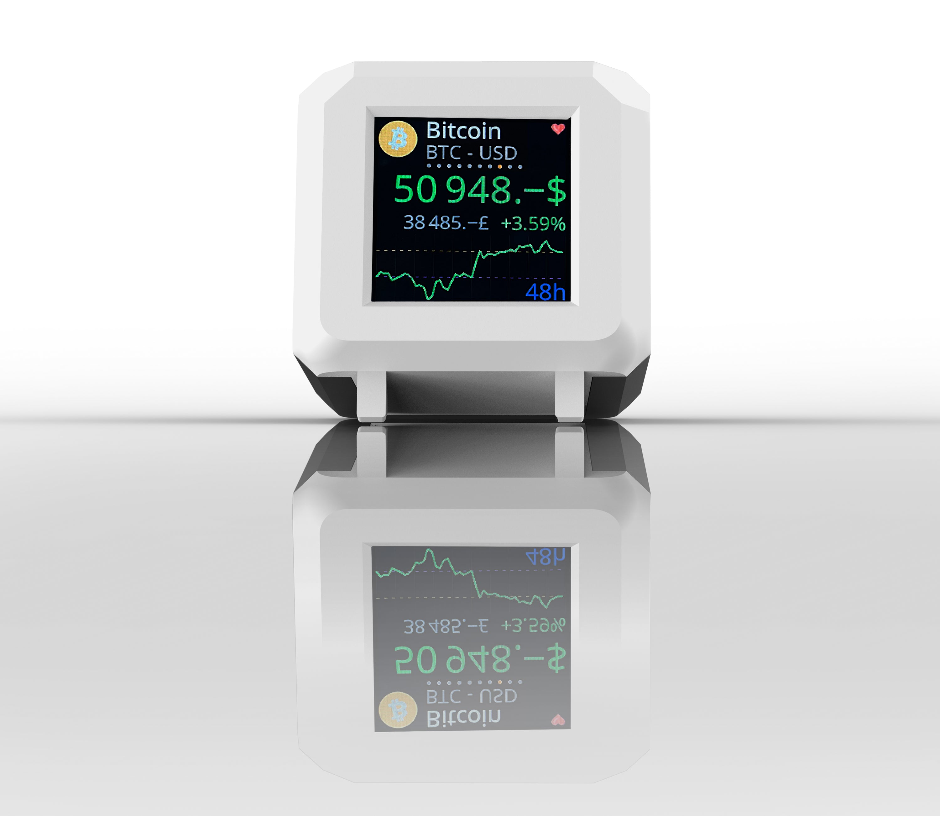 White and black Whale Crypto Ticker with LCD display showing cryptocurrency and fiat values.