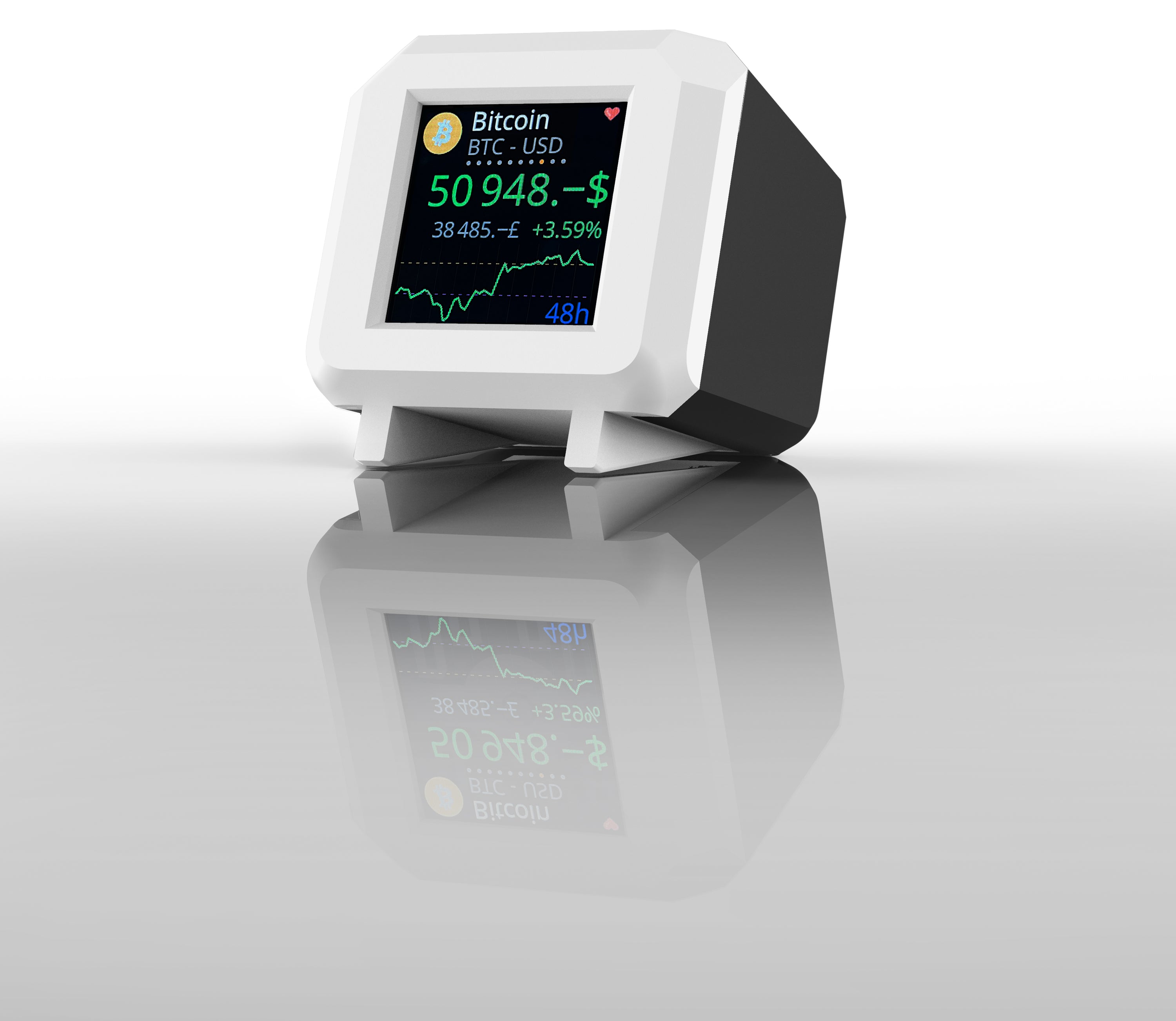 White and black Whale Crypto Ticker with LCD display showing cryptocurrency and fiat values.