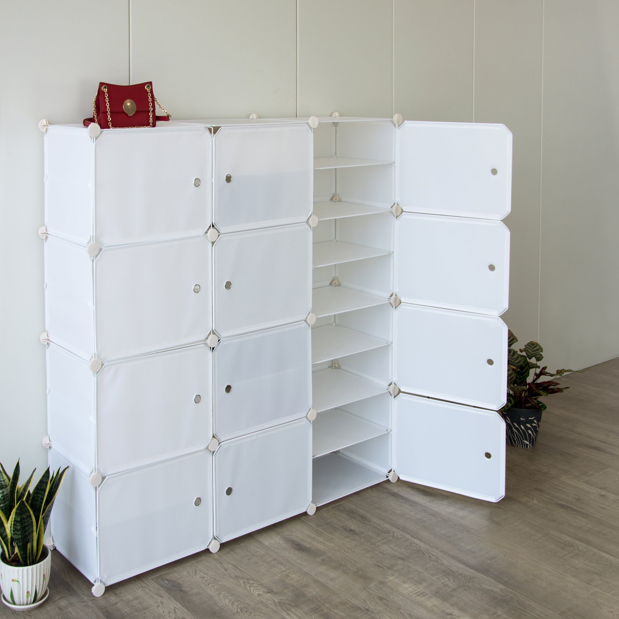 White Cube DIY Shoe Cabinet Rack with multiple storage cubes for shoes, featuring a sleek white design and modular structure.