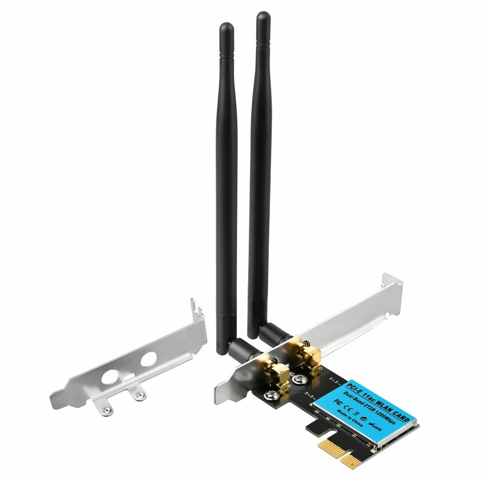 WiFi 1200Mbps Desktop PCIe Adapter with dual-band antennas for enhanced connectivity.