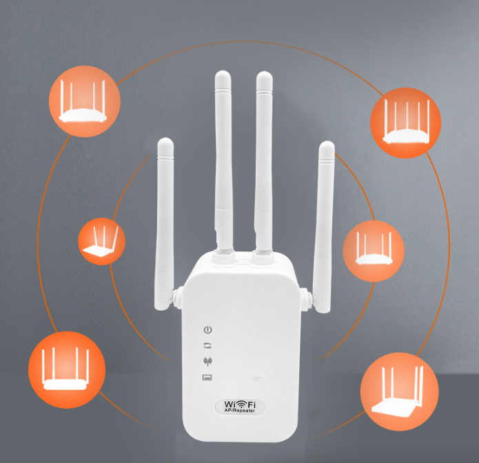 WiFi Range Extender Internet Booster with four antennas for enhanced wireless signal coverage.