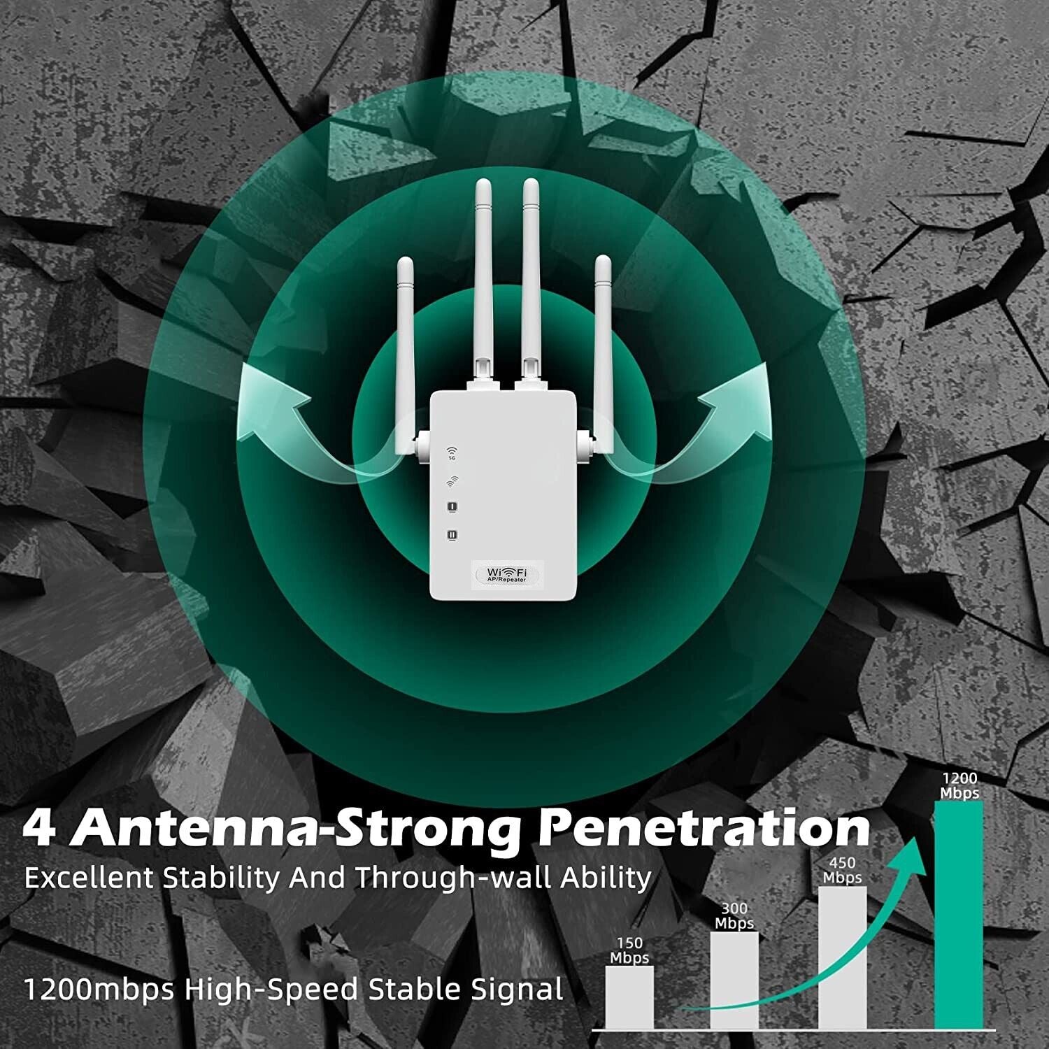 WiFi Range Extender Internet Booster with four antennas for enhanced wireless signal coverage.