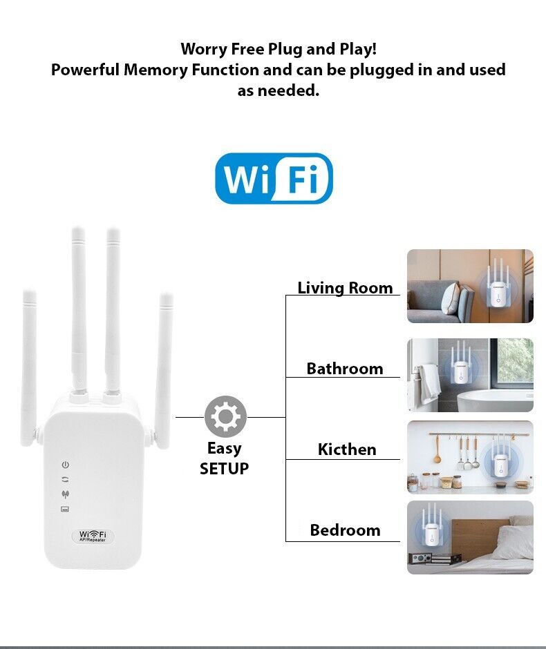 WiFi Range Extender Internet Booster with four antennas for enhanced wireless signal coverage.