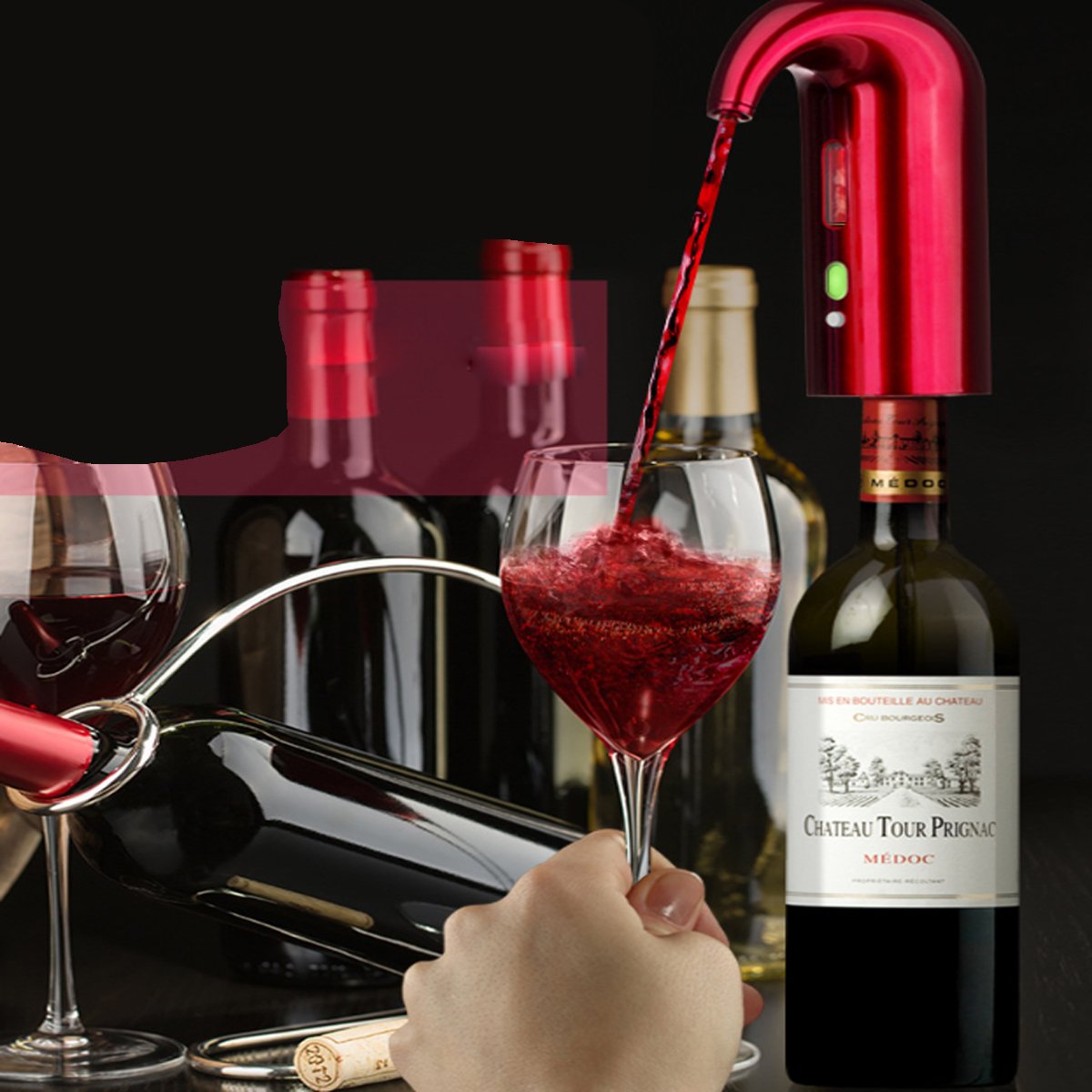 Wine On Tap Wine Oxygenator in three colors, designed for easy use and smooth pouring.