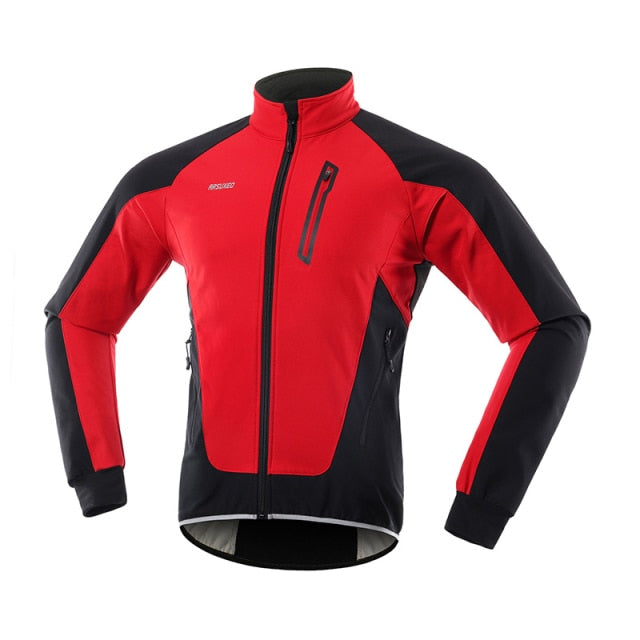 Men's winter cycling jacket made of thermal fleece, featuring windproof and waterproof properties, designed for comfort and performance.