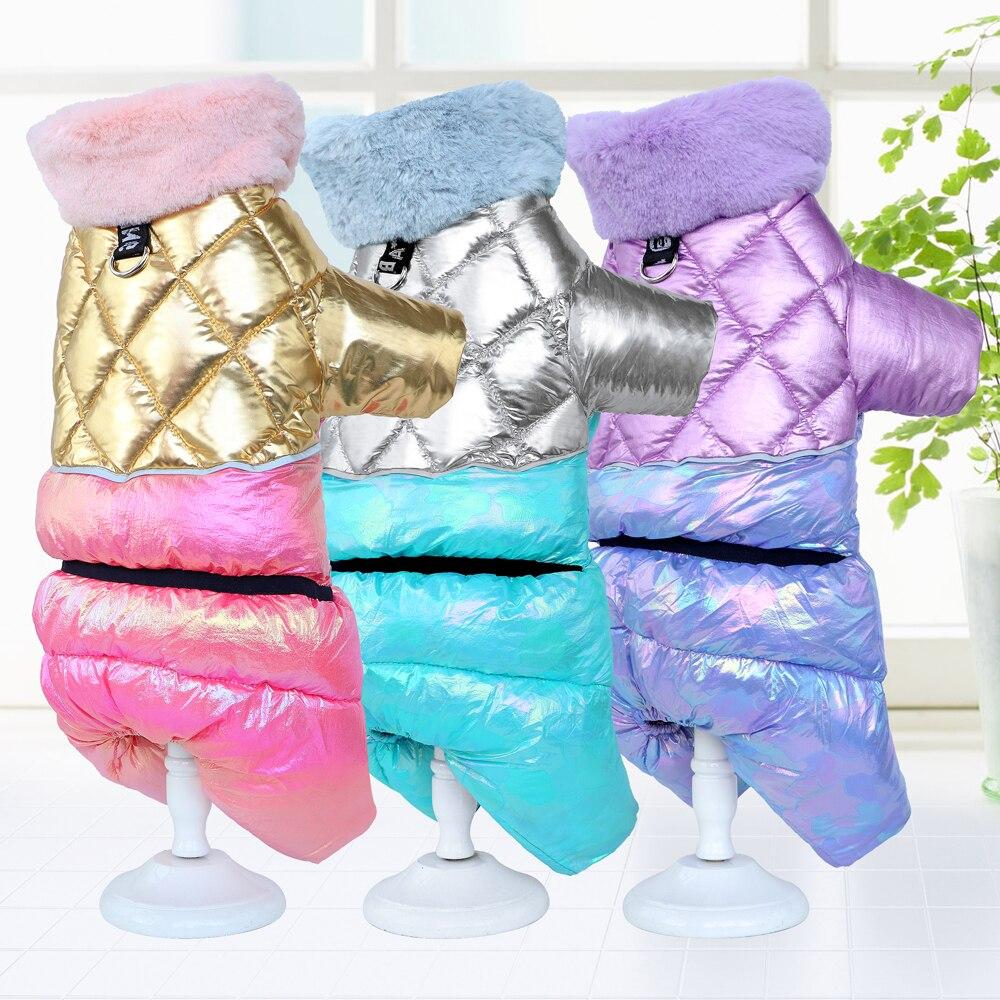 A warm and stylish winter dog jumpsuit in white and pink, featuring a fur collar, designed for small to medium dogs like Chihuahuas and Pugs.