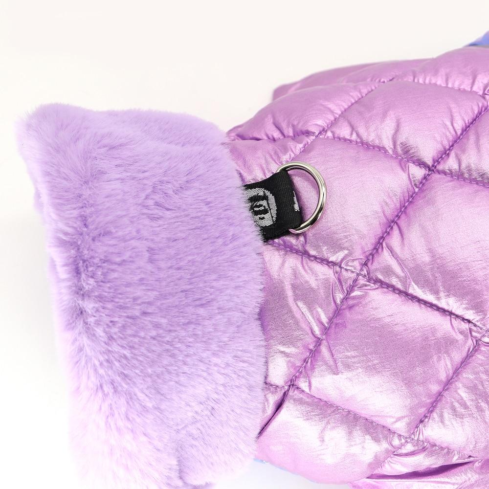 A warm and stylish winter dog jumpsuit in white and pink, featuring a fur collar, designed for small to medium dogs like Chihuahuas and Pugs.