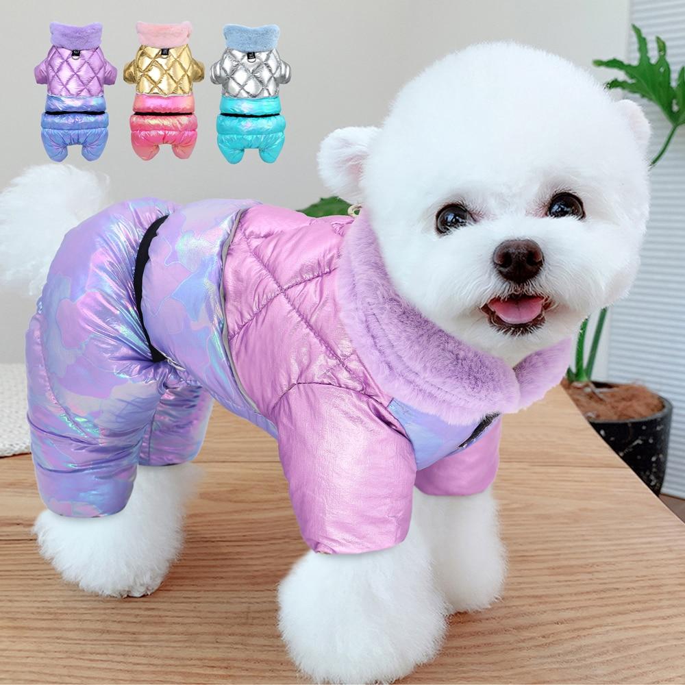 A warm and stylish winter dog jumpsuit in white and pink, featuring a fur collar, designed for small to medium dogs like Chihuahuas and Pugs.