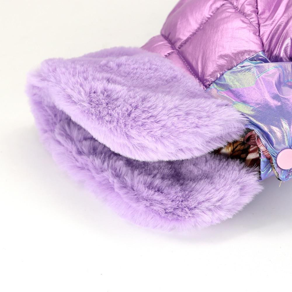 A warm and stylish winter dog jumpsuit in white and pink, featuring a fur collar, designed for small to medium dogs like Chihuahuas and Pugs.