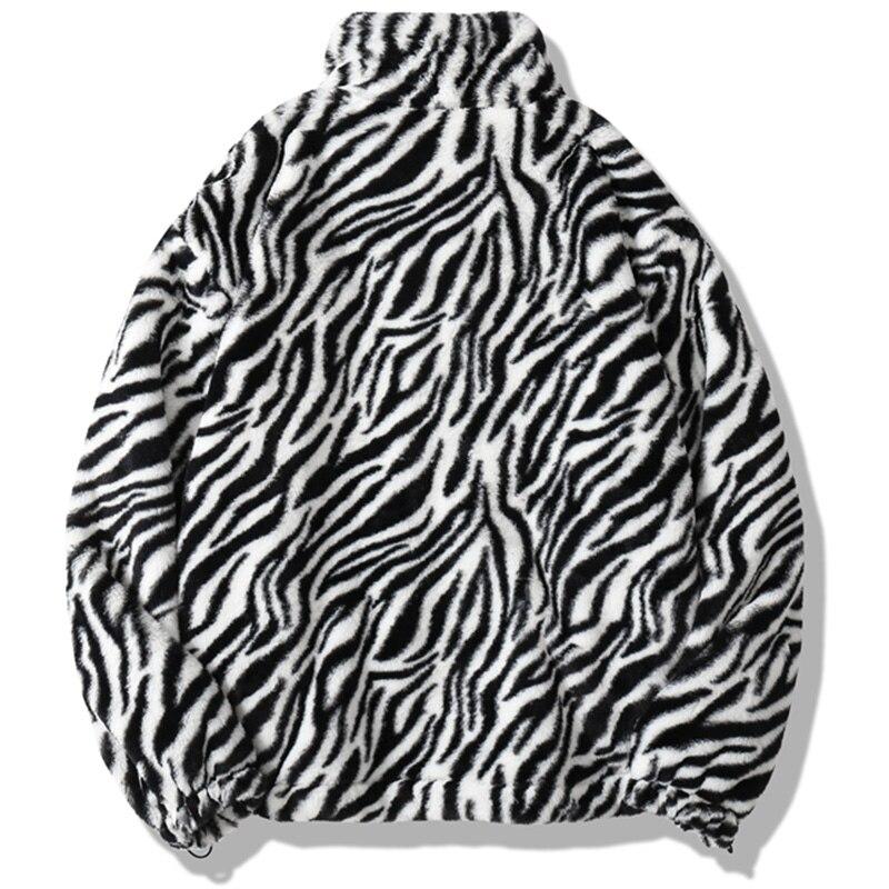 Men's winter jacket featuring heart embroidery and zebra striped print, designed for warmth and style.