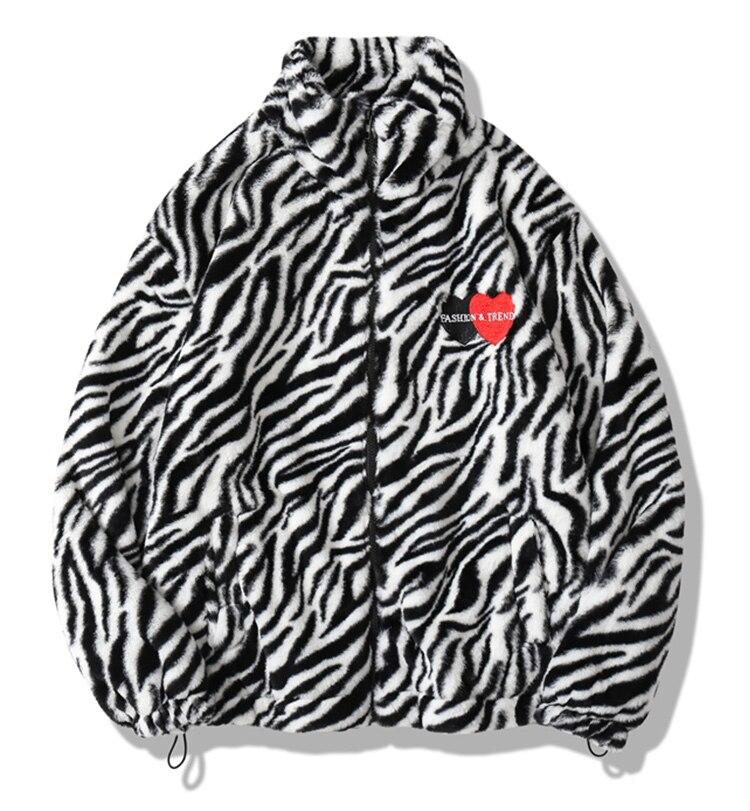 Men's winter jacket featuring heart embroidery and zebra striped print, designed for warmth and style.
