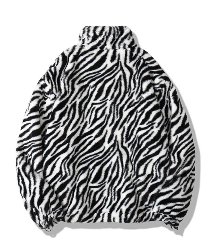 Men's winter jacket featuring heart embroidery and zebra striped print, designed for warmth and style.