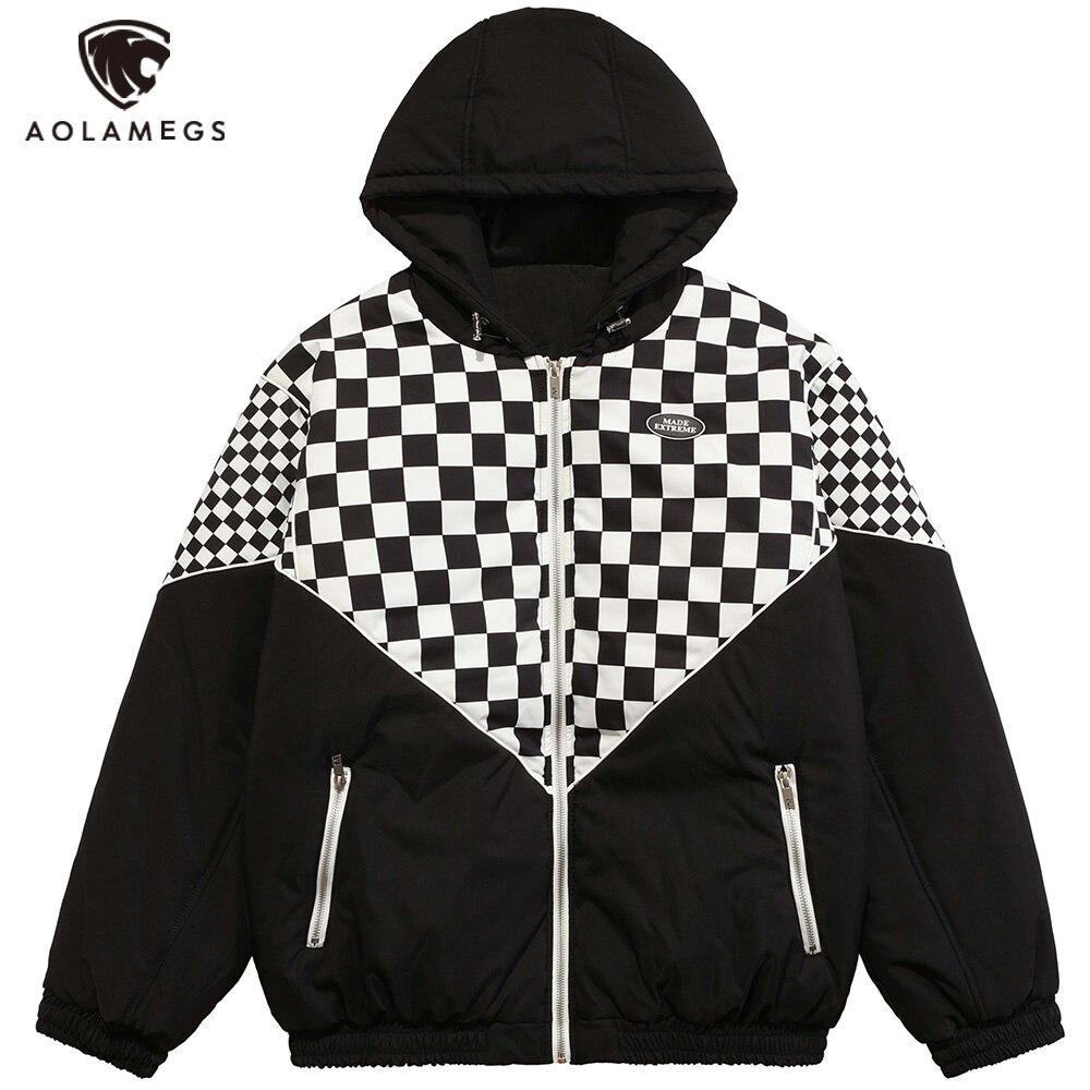 Men's winter jacket featuring a plaid print, hood, and zipper pockets, designed for warmth and style.