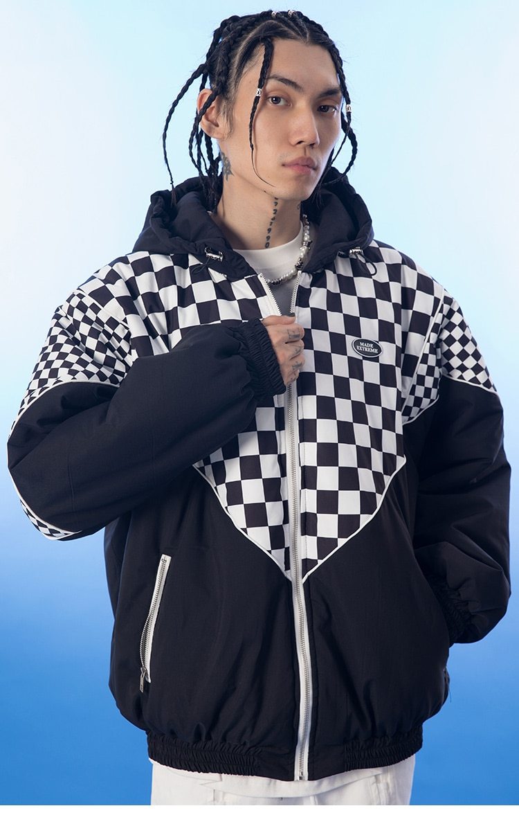 Men's winter jacket featuring a plaid print, hood, and zipper pockets, designed for warmth and style.