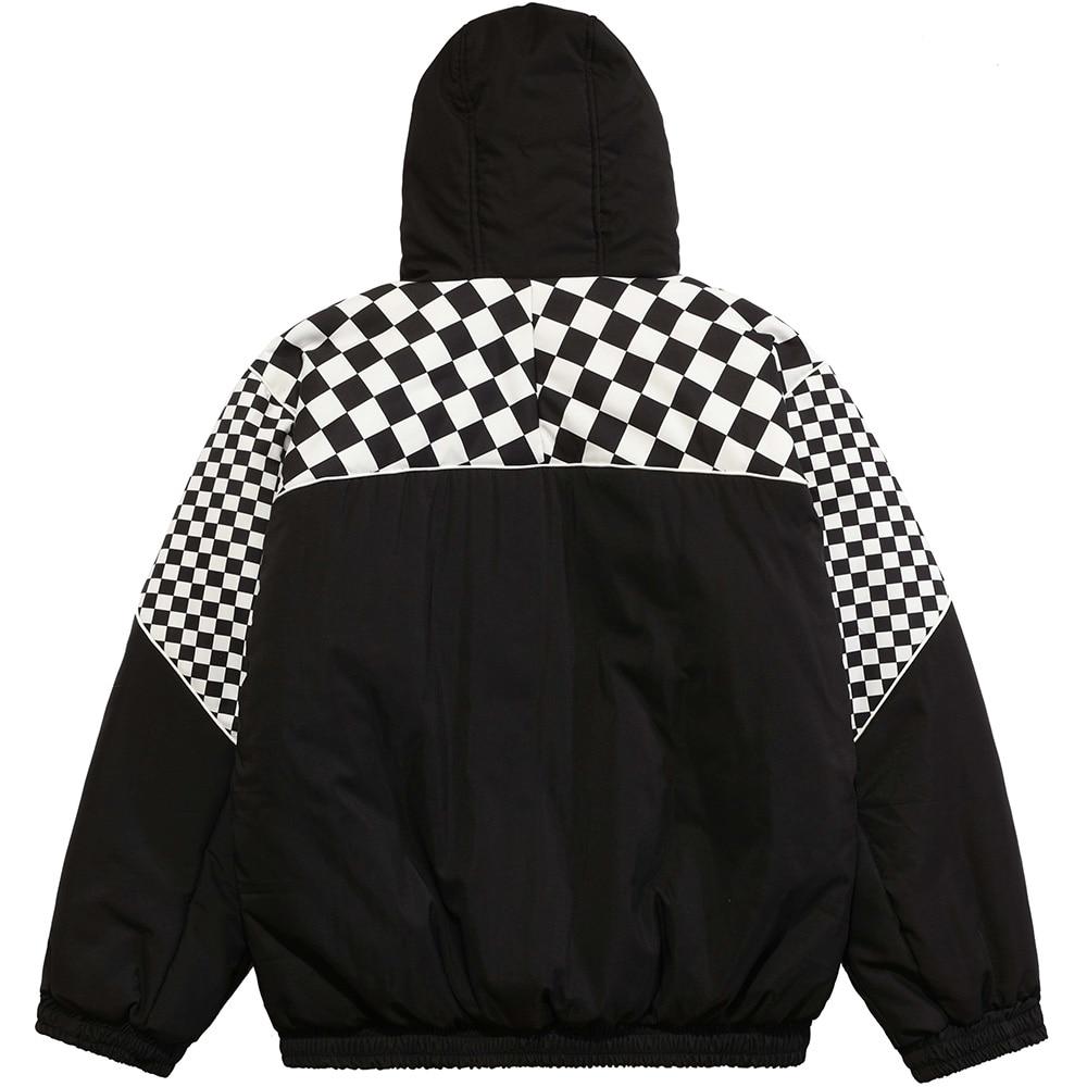 Men's winter jacket featuring a plaid print, hood, and zipper pockets, designed for warmth and style.