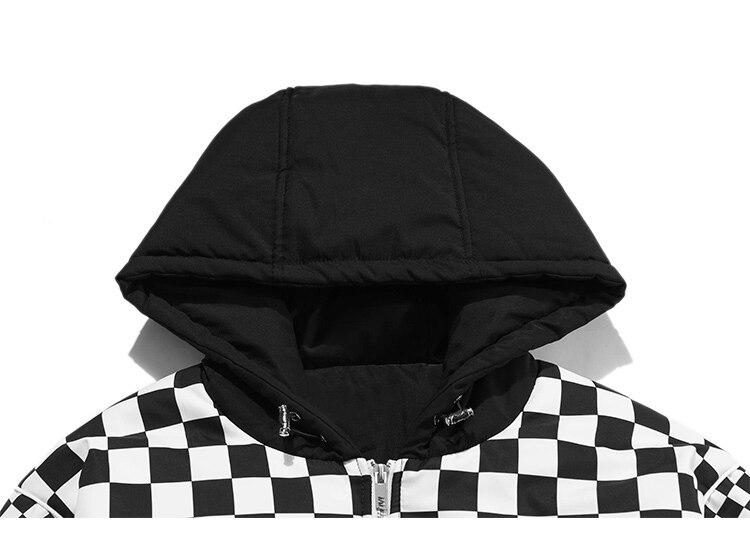 Men's winter jacket featuring a plaid print, hood, and zipper pockets, designed for warmth and style.