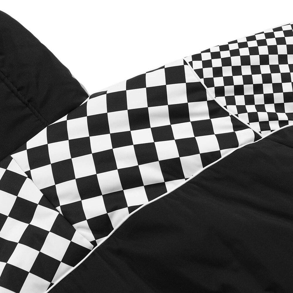 Men's winter jacket featuring a plaid print, hood, and zipper pockets, designed for warmth and style.