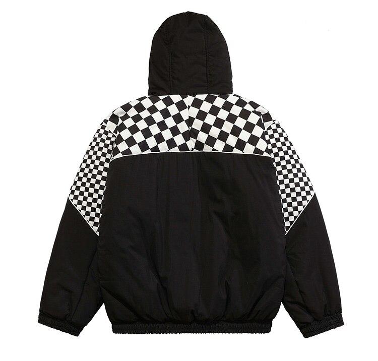 Men's winter jacket featuring a plaid print, hood, and zipper pockets, designed for warmth and style.