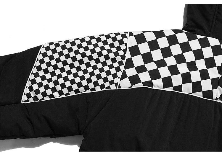 Men's winter jacket featuring a plaid print, hood, and zipper pockets, designed for warmth and style.