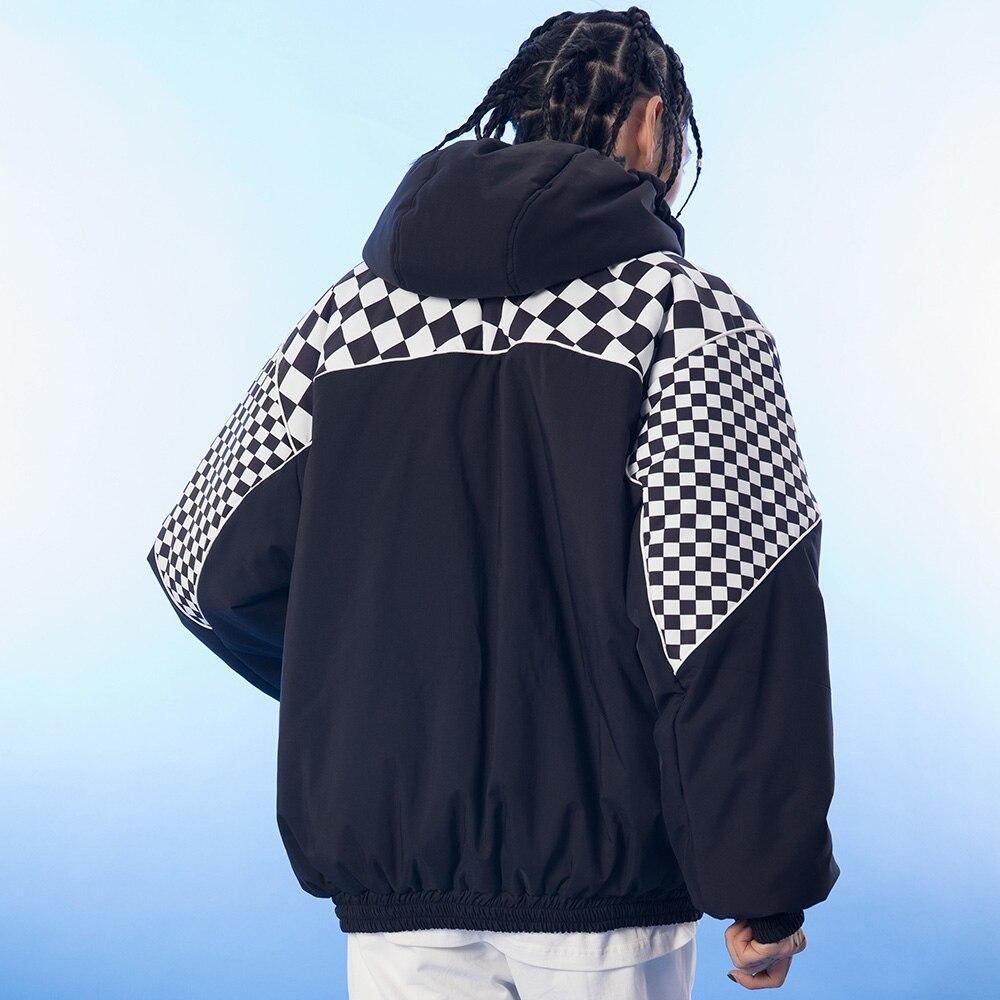 Men's winter jacket featuring a plaid print, hood, and zipper pockets, designed for warmth and style.