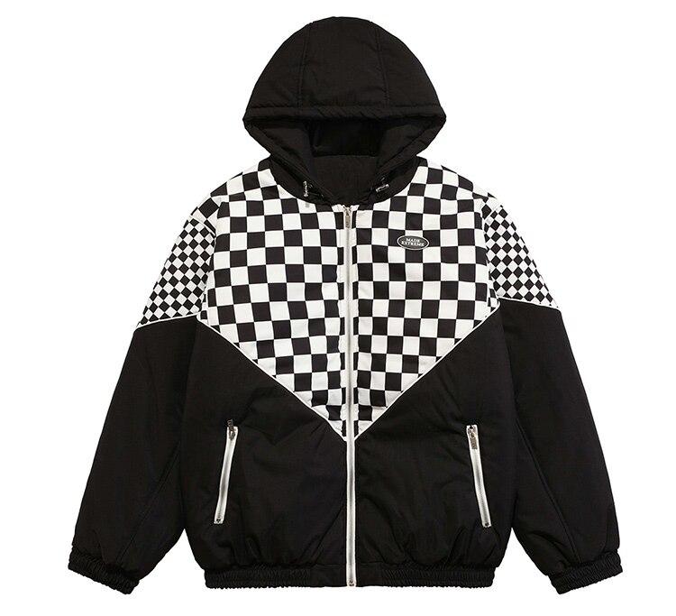 Men's winter jacket featuring a plaid print, hood, and zipper pockets, designed for warmth and style.