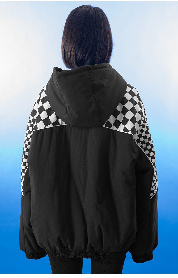 Men's winter jacket featuring a plaid print, hood, and zipper pockets, designed for warmth and style.