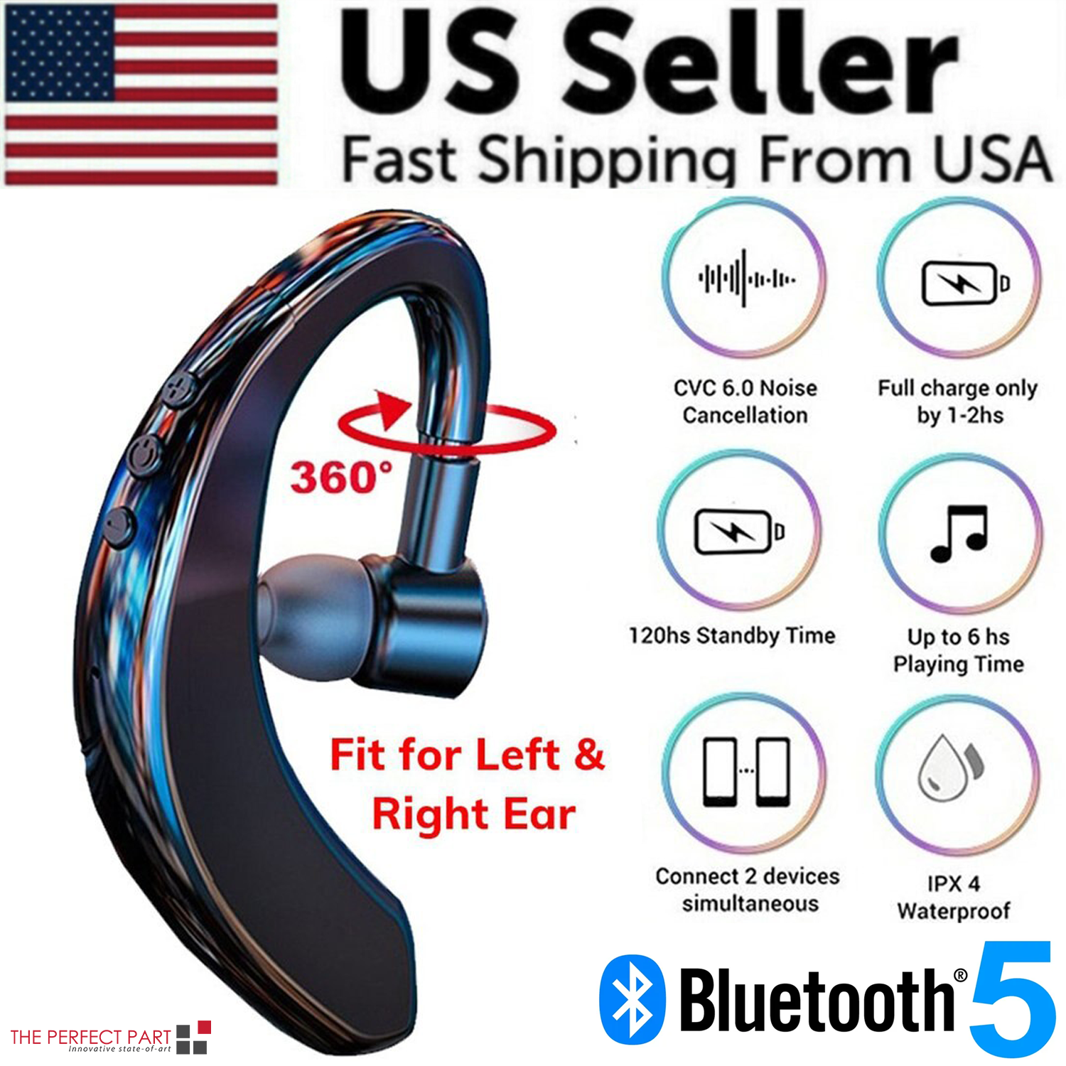 Wireless Bluetooth 5.0 Earpiece Headset designed for truckers, featuring a sleek black design and ear hook for comfort.