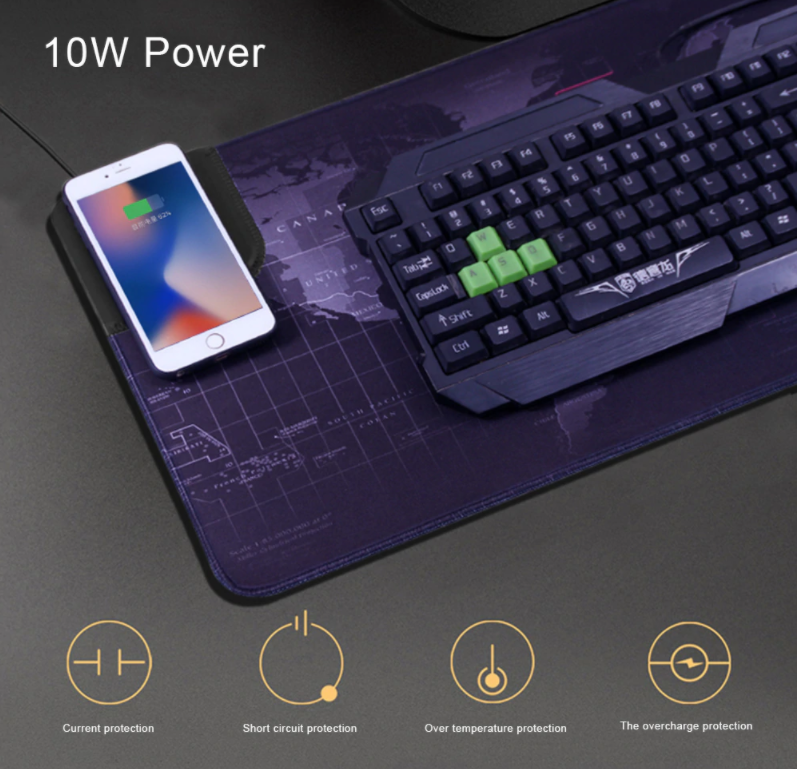 Wireless Charging Qi Mousepad with non-slip rubber base, measuring 800x300x4mm, featuring a sleek design suitable for gaming and office use.