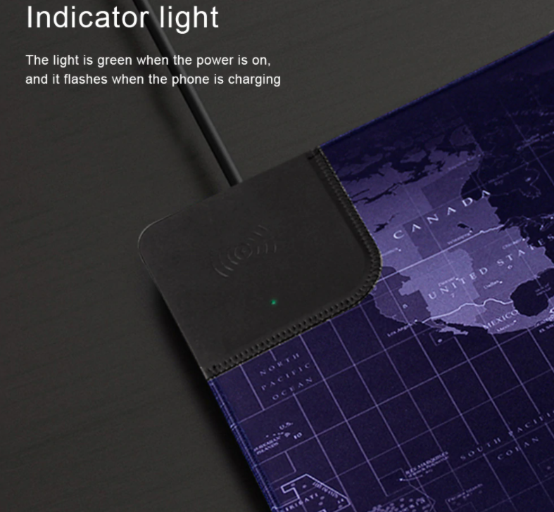 Wireless Charging Qi Mousepad with non-slip rubber base, measuring 800x300x4mm, featuring a sleek design suitable for gaming and office use.