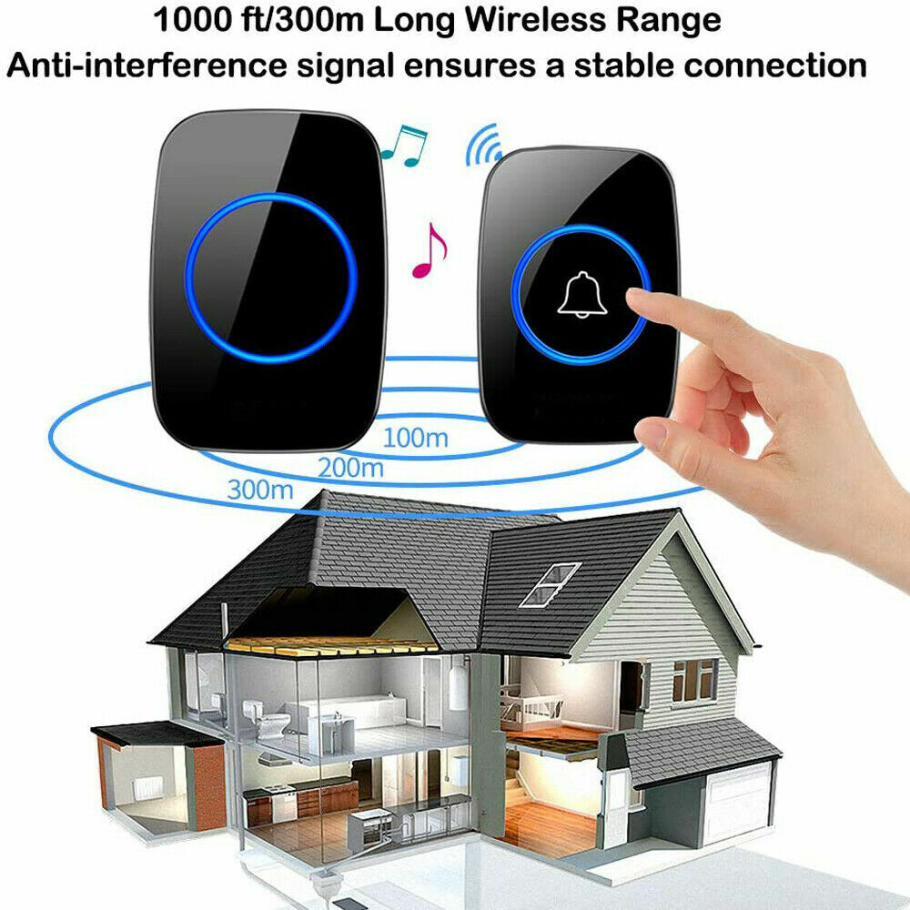 Wireless Doorbell Chime with waterproof plugin receiver, showcasing adjustable volume and sleek design.
