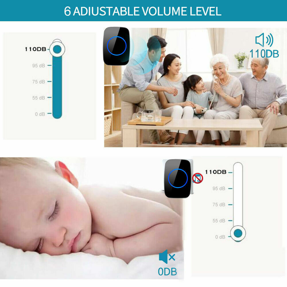 Wireless Doorbell Chime with waterproof plugin receiver, showcasing adjustable volume and sleek design.