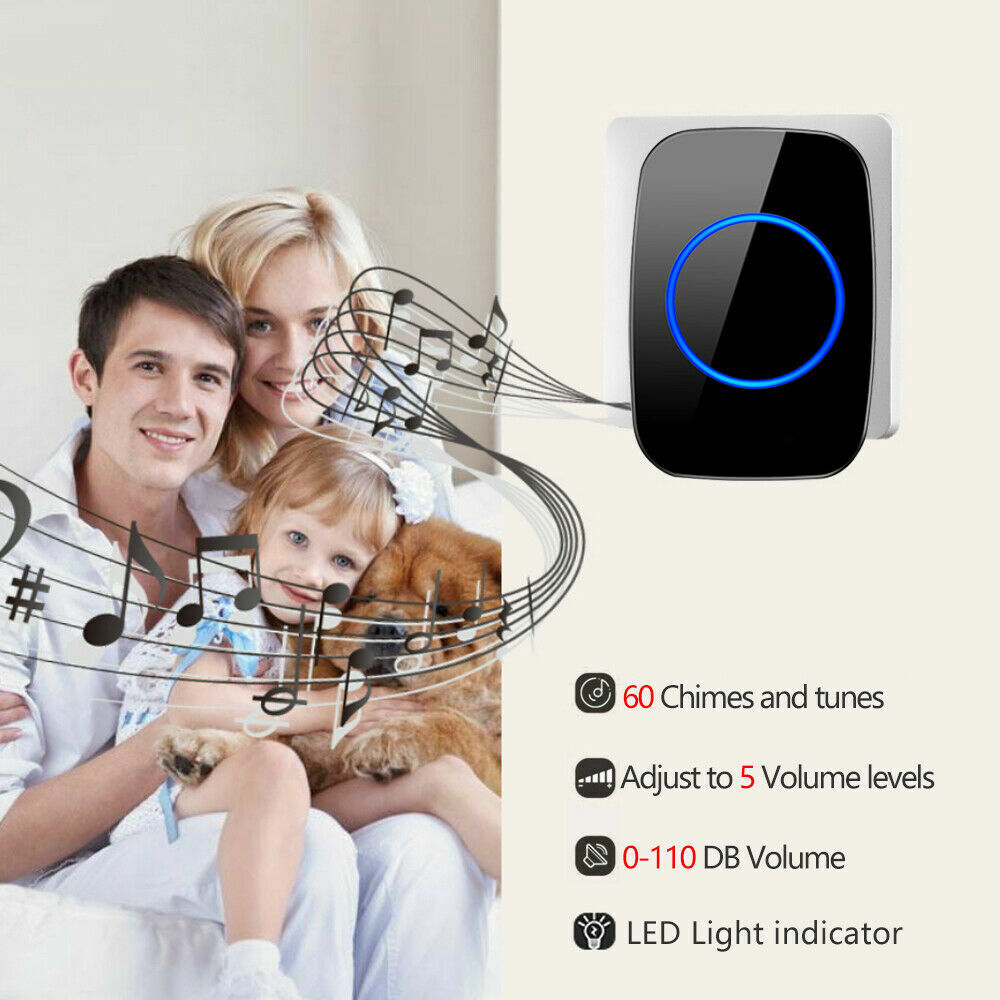 Wireless Doorbell Chime with waterproof plugin receiver, showcasing adjustable volume and sleek design.