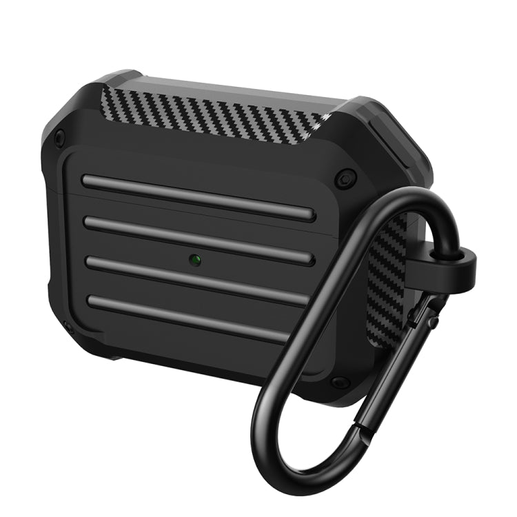 Wireless earphones protective case made of shockproof carbon fiber and TPU, featuring a hook design for easy carrying and a reserved charging port.