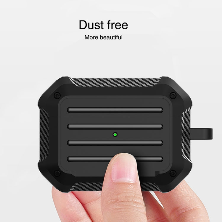 Wireless earphones protective case made of shockproof carbon fiber and TPU, featuring a hook design for easy carrying and a reserved charging port.