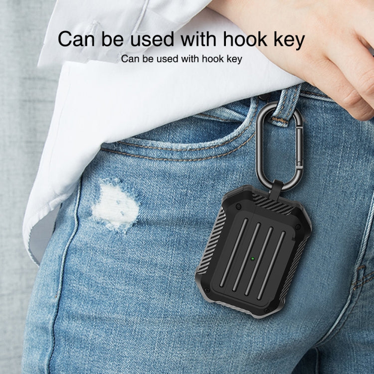 Wireless earphones protective case made of shockproof carbon fiber and TPU, featuring a hook design for easy carrying and a reserved charging port.