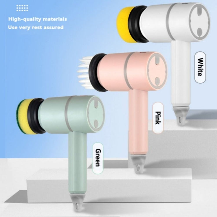 Wireless Electric Cleaning Brush with multiple brush heads for kitchen and bathroom cleaning, featuring a USB charging port.