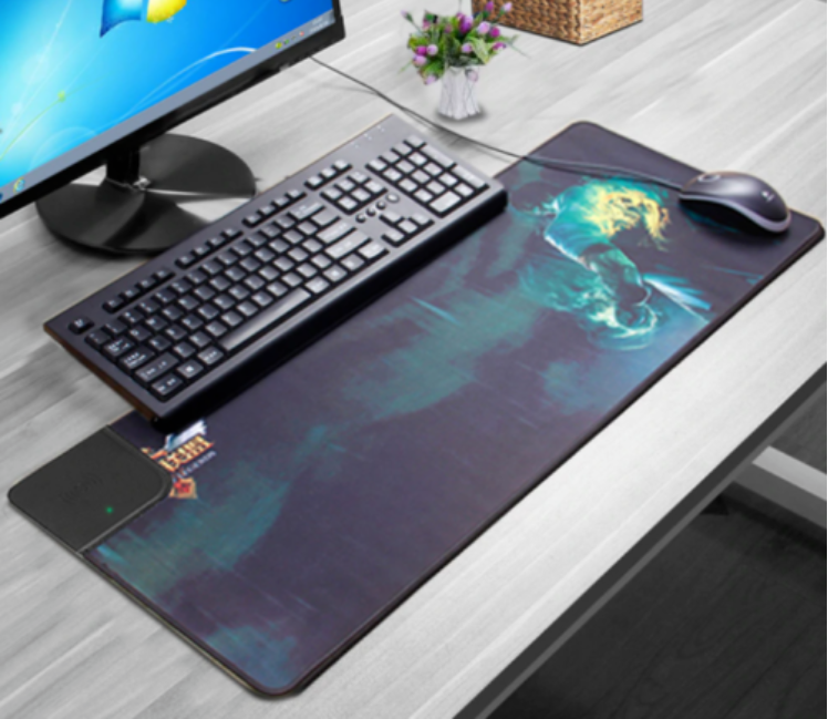 Wireless Qi Charging Extra Large Mousepad with a sleek design, featuring a soft PU leather surface and anti-slip bottom for stability.