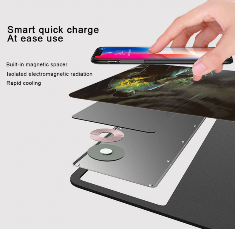 Wireless Qi Charging Extra Large Mousepad with a sleek design, featuring a soft PU leather surface and anti-slip bottom for stability.
