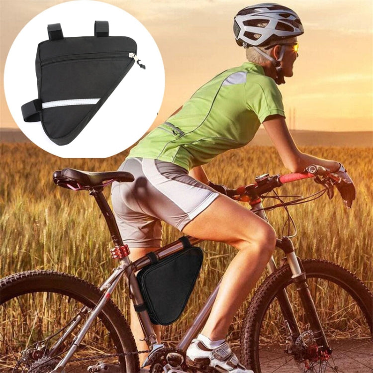 A 7-inch bicycle triangle bag made of durable canvas, featuring reflective strips and a secure loop buckle, ideal for outdoor sports.