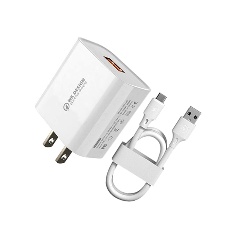 WK WP-U57 Max 18W Fast Charger with USB to 8 Pin Data cable, compact and portable design in white color.