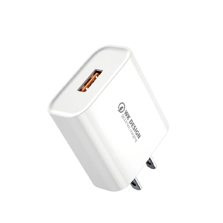 WK WP-U57 Max 18W Fast Charger with USB to 8 Pin Data cable, compact and portable design in white color.