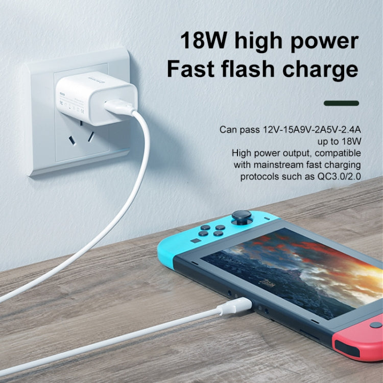 WK WP-U57 Max 18W Fast Charger with USB to 8 Pin Data cable, compact and portable design in white color.