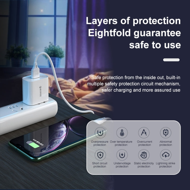 WK WP-U57 Max 18W Fast Charger with USB to 8 Pin Data cable, compact and portable design in white color.