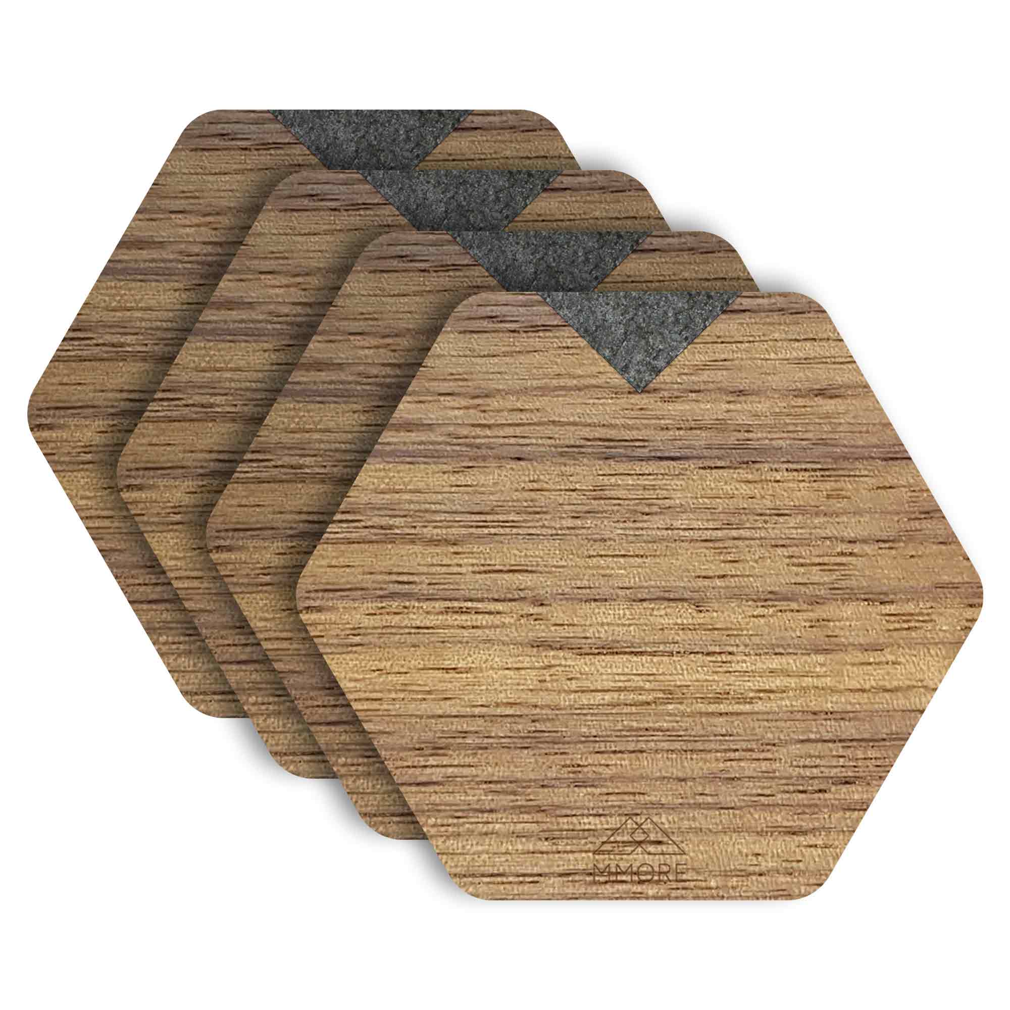 Set of four handcrafted wooden coasters made from American Walnut, showcasing unique grain patterns and a stylish hexagonal shape.