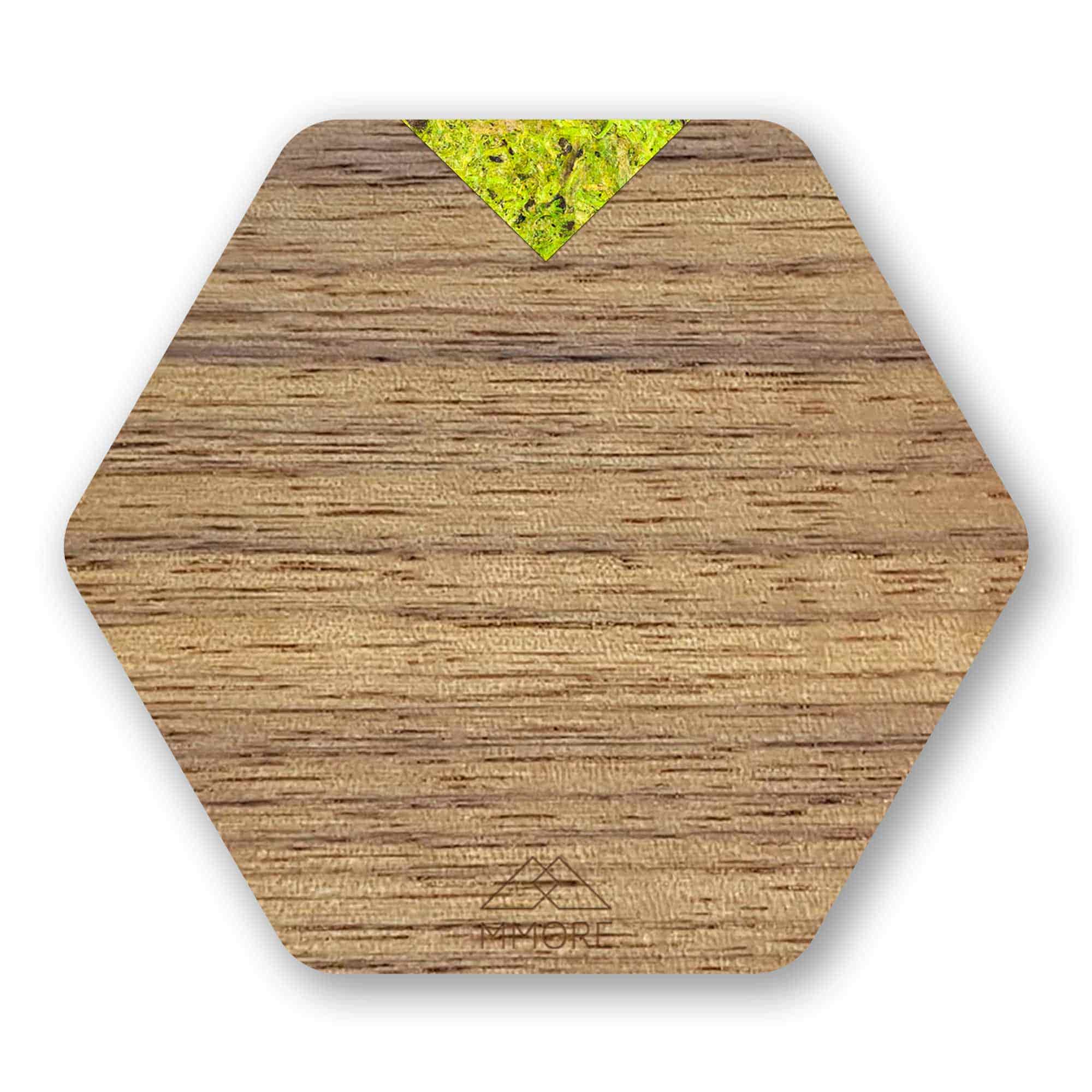 Set of four handcrafted wooden coasters made from American Walnut, showcasing unique grain patterns and a stylish hexagonal shape.
